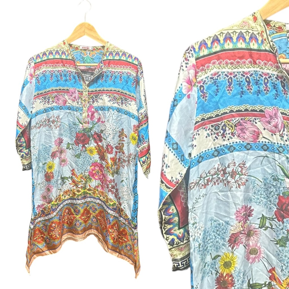 Johnny Was silk multicolored tunic top size XS small, slits, flowy, buttons